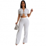 White Short Sleeve Sexy Crop Top Pleated Wide Leg Pant Sets Dress