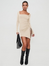 Beige Women's Long Sleeve Slit Drawstring Square Neck Party Mini Dress