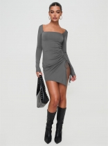 Gray Women's Long Sleeve Slit Drawstring Square Neck Party Mini Dress