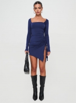 Navy Women's Long Sleeve Slit Drawstring Square Neck Party Mini Dress
