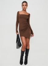 Coffee Women's Long Sleeve Slit Drawstring Square Neck Party Mini Dress