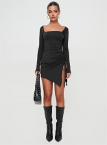 Black Women's Long Sleeve Slit Drawstring Square Neck Party Mini Dress