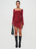 Red Women's Long Sleeve Slit Drawstring Square Neck Party Mini Dress