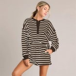 Coffee Women Long Sleeve Striped T-Skirt Two Pieces Short Sets