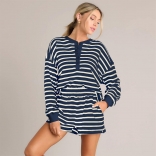 Blue Women Long Sleeve Striped T-Skirt Two Pieces Short Sets