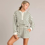 Green Beige Women Long Sleeve Striped T-Skirt Two Pieces Short Sets