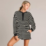 Black Women Long Sleeve Striped T-Skirt Two Pieces Short Sets