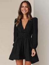 Black Women's V-Neck Short Skirt Pleated Ruffled French Mini Dress
