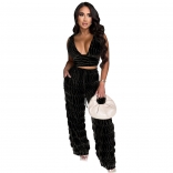 Black Women's Ruffled Lace-Up Sleeveless Casual Pants Two-Piece Suit