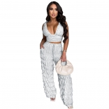 White Women's Ruffled Lace-Up Sleeveless Casual Pants Two-Piece Suit