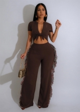 Black Short Sleeve Cut Out V Neck Ruffles Tassel Bodycon Party Women Jumpsuits