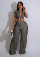 Gray Short Sleeve Cut Out V Neck Ruffles Tassel Bodycon Party Women Jumpsuits