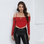 Red Women Off Shoulder Lace Mesh Sexy Party Crop Tops