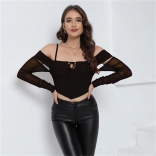 Black Women Off Shoulder Lace Mesh Sexy Party Crop Tops