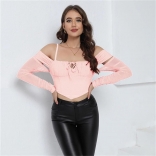 Pink Women Off Shoulder Lace Mesh Sexy Party Crop Tops