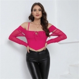 Rose Red Women Off Shoulder Lace Mesh Sexy Party Crop Tops