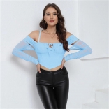 Sky Blue Women Off Shoulder Lace Mesh Sexy Party Crop Tops