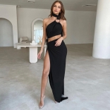 Black Strapless Cut Out High Slit Fashion Women Evening Party Maxi Dress