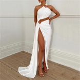 White Black Strapless Cut Out High Slit Fashion Women Evening Party Maxi Dress