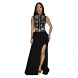 Black Sleeveless Hollow Out Snatched Diamonds Sexy Party Dance Maxi Dress