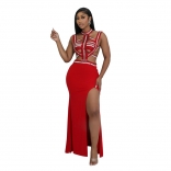 Red Sleeveless Hollow Out Snatched Diamonds Sexy Party Dance Maxi Dress