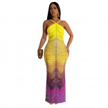 Yellow Off Shoulder Printed Rhinestones Bodycon Evening Maxi Dress