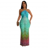 Green Off Shoulder Printed Rhinestones Bodycon Evening Maxi Dress