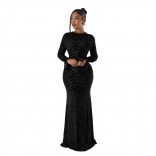 Black Long Sleeve Backless Leopard Mesh Sexy Evening Prom Club Dress