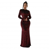 Claret Long Sleeve Backless Leopard Mesh Sexy Evening Prom Club Dress