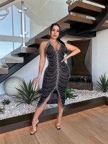 Black Sleeveless Mesh Diamonds Sexy See Through Party Eveing Midi Dress