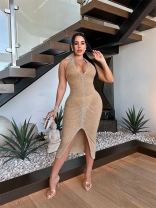 Beige Sleeveless Mesh Diamonds Sexy See Through Party Eveing Midi Dress