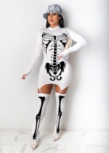 White Long Sleeve Printed Sexy Party Mini Dress with Stockings