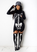 Black Long Sleeve Printed Sexy Party Mini Dress with Stockings