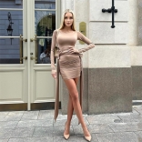 Khaki Long Sleeve Bandage Pleated Women Sexy Party Mini Dress
