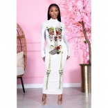 White Long Sleeve Printing Backless Bodycon Evening Party Midi Dress