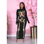 Black Long Sleeve Printing Backless Bodycon Evening Party Midi Dress