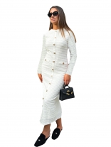 White Long Sleeve Button Knitted Office Lady Pleted Women Midi Dess