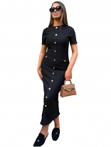 Black Short Sleeve Button Knitted Office Lady Pleted Women Midi Dess