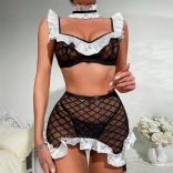 Black Ruffles Mesh Lace Sexy Maid Costume Lingerie