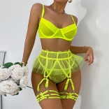 Green Sexy Lace Mesh See Through 3PCS Lingerie Sets