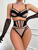 Black Mesh Lace Two Pieces Bra & Briefs Sets with Golves