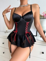 Black Straps Lace Ruffles Lace Up Sexy Erotic Body Suits Lingerie