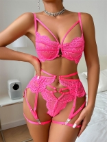 Pink Lace Steel Push Up Bra & Brief Sets See Through 3PCS Lingeries