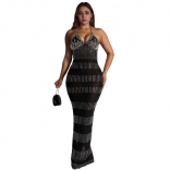Black Strapless Rhinestone Mesh See Through Bodycon Evening Prom Party Maxi Dress