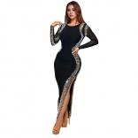 Black Mesh Long Sleeve Diamonds Backless Bodycon Women Prom Midi Dress