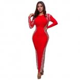 Red Mesh Long Sleeve Diamonds Backless Bodycon Women Prom Midi Dress