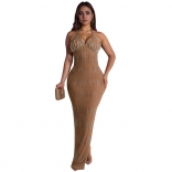 Beige Strapless Rhinestone Mesh See Through Bodycon Evening Prom Party Maxi Dress