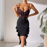 Black Lace Strapless V Neck Sexy Ruffles Bodycon Evening Midi Dress