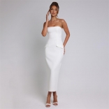 White off Shoulder Pleated Office Women Luxury Midi Dress