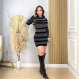 Black Long Sleeve Diamonds Bodycon Evening Club Mini Dress